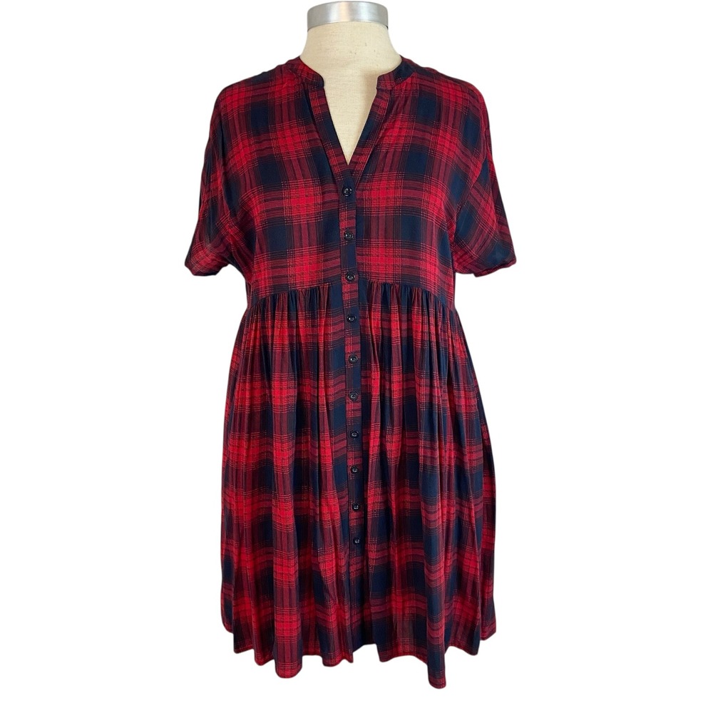 Anthropologie 11.1 Tylho Mona Babydoll Dress Tunic Sz M Red‎ Black Plaid Grunge